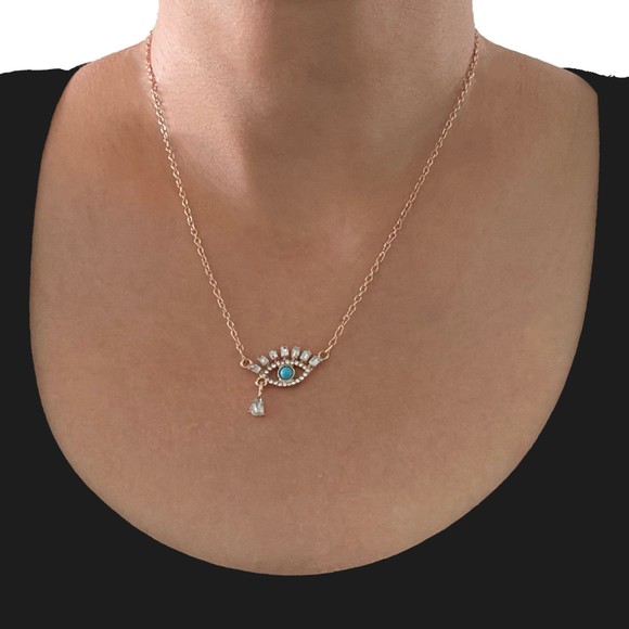 Eye of Horus Necklace Gold Plated Turquoise Pendant & Cable Chain Layer Jewelry - Picture 6 of 7